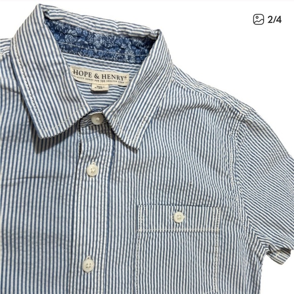2 Hope and Henry button down short sleeve shirts Blue stripe and gingham sz M - Picture 2 of 3